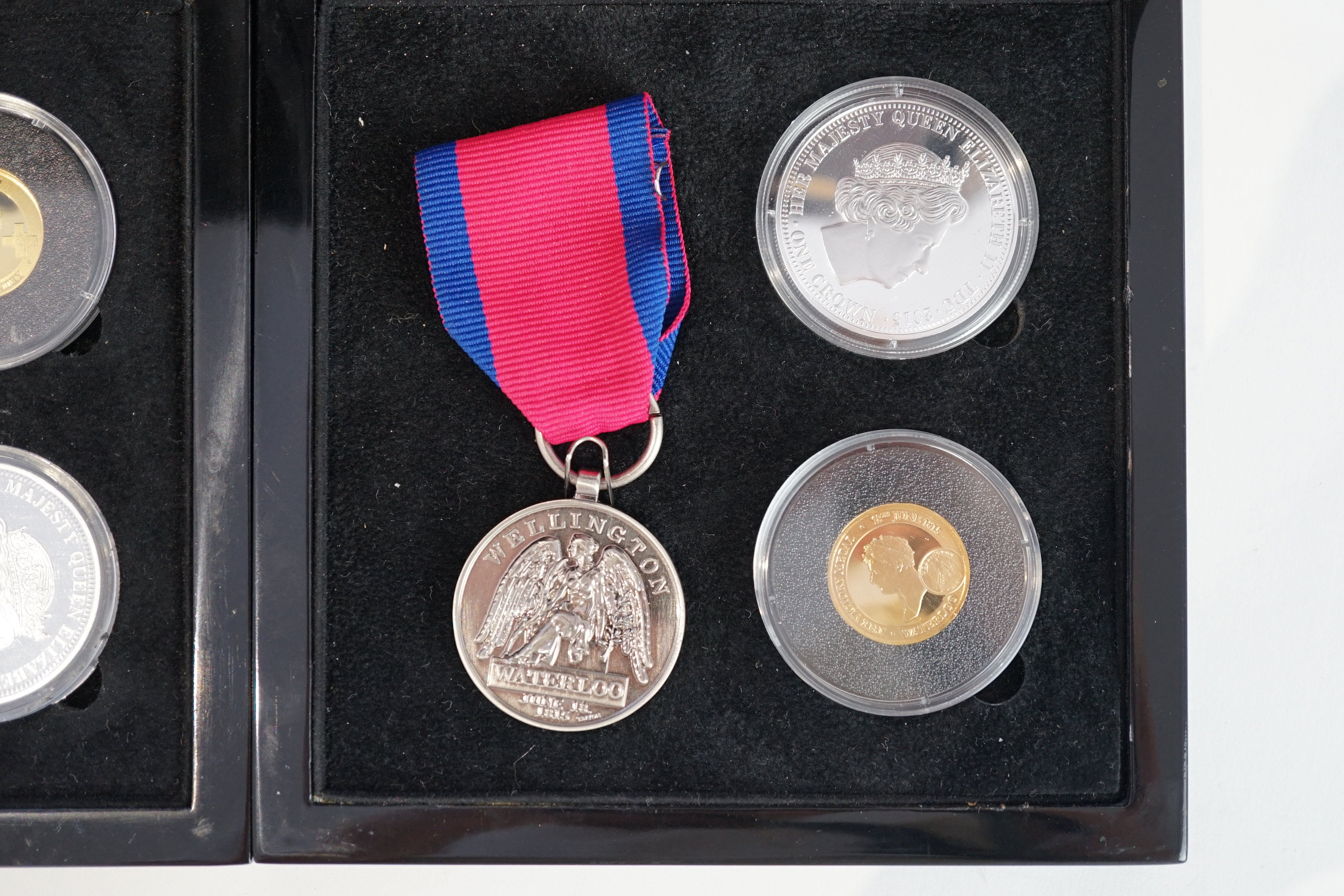 Gold commemorative coins, Elizabeth II, Tristan da Cunha, The George Cross and the Waterloo victory medal gold and silver commemorative sets, 2013 & 2015